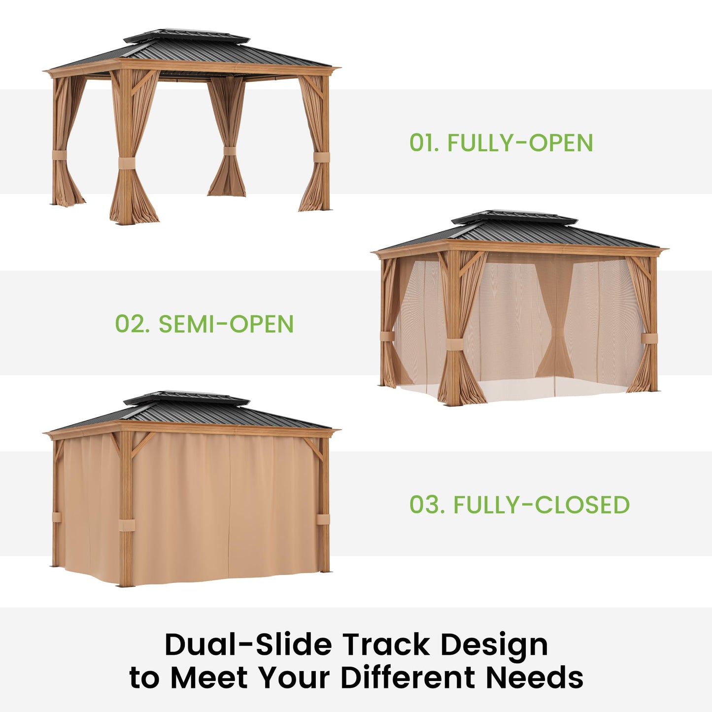 10' x 12' Patio Hardtop Gazebo Heavy Duty Aluminum Frame Metal Galvanized Steel Double Roof Outdoor Permanent Pergolas for Garden, Parties, Lawns, Deck (Woodgrain Grey)