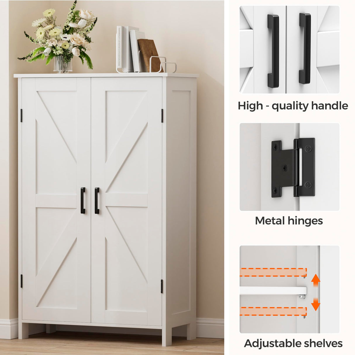 Homleke Farmhouse Bathroom Cabinet with Adjustable Shelves, Free-Standing Storage Cabinet with Barn Doors, for Kitchen, Living Room, Dining Room, Entryway, White Homleke
