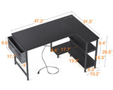 ODK 48 Inch Small L Shaped Gaming Computer Desk with Power Outlets, Reversible Storage Shelves & PC Stand for Home Office, Simple Writing Study Table with Storage Bag for Small Space, Black ODK