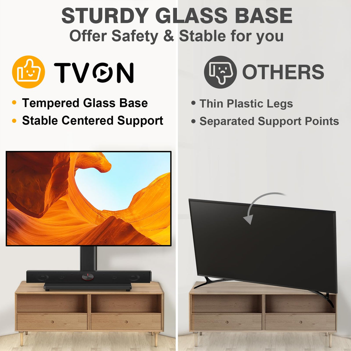 TVON Universal TV Stand Base, Swivel Table Top TV Stand for 20-43 inch TVs/Monitors with 4 Level Height Adjustment and Tempered Glass Base, Holds up to 88LBS, VESA 200x200mm TVON
