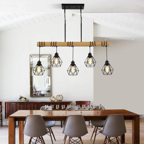 5-Light Kitchen Island Lighting,Modern Chandelier Over Table, Dining Room Light Fixture Hanging for Modern Farmhouse Linear Chandeliers Black Rustic Wood Ceiling Pendant Light Fixtures LmnLvn