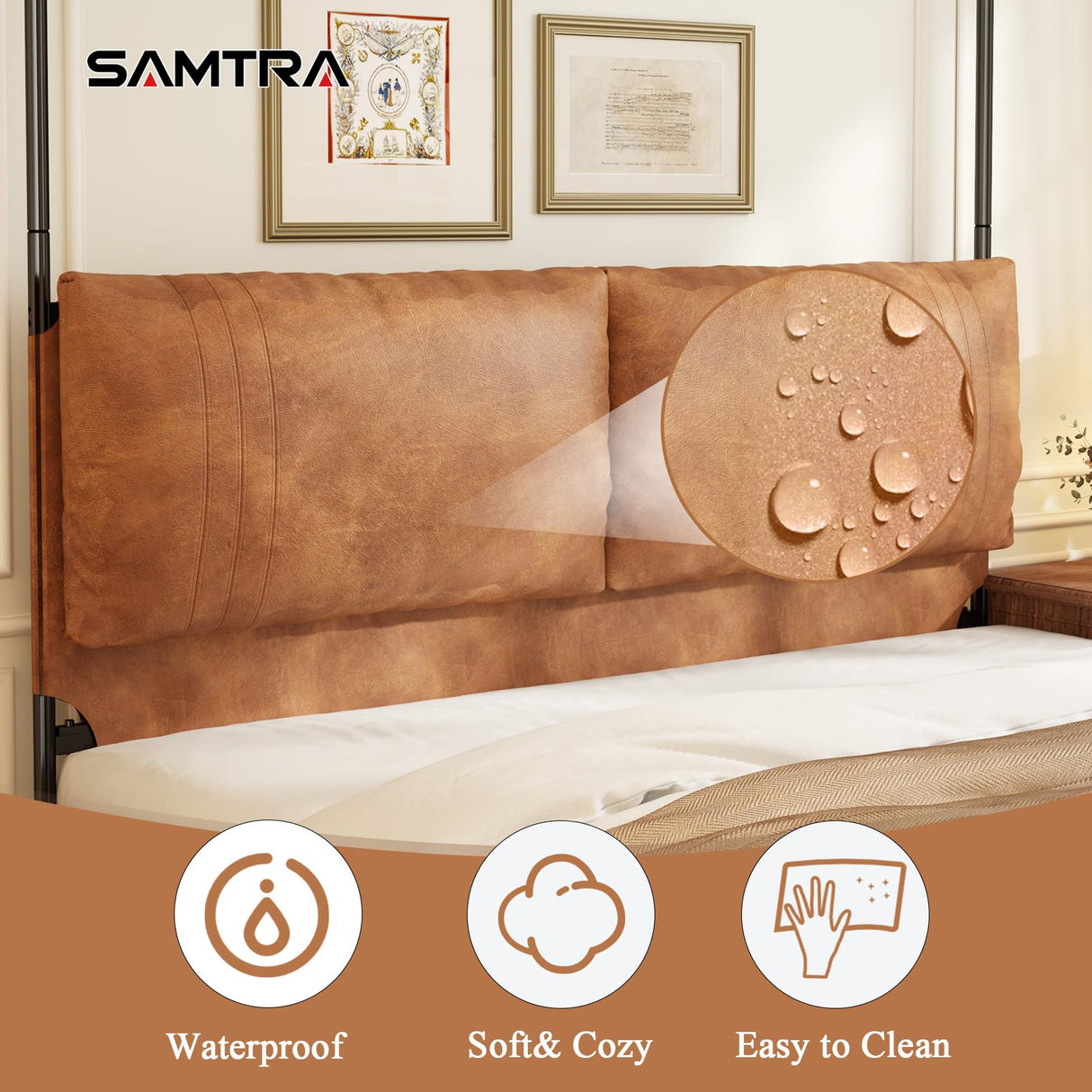 Modern Canopy Bed Frame with Upholstered Faux Leather Headboard – Tall Four Poster Metal Platform Bed, No Box Spring Needed, King Size, Brown and Black SAMTRA