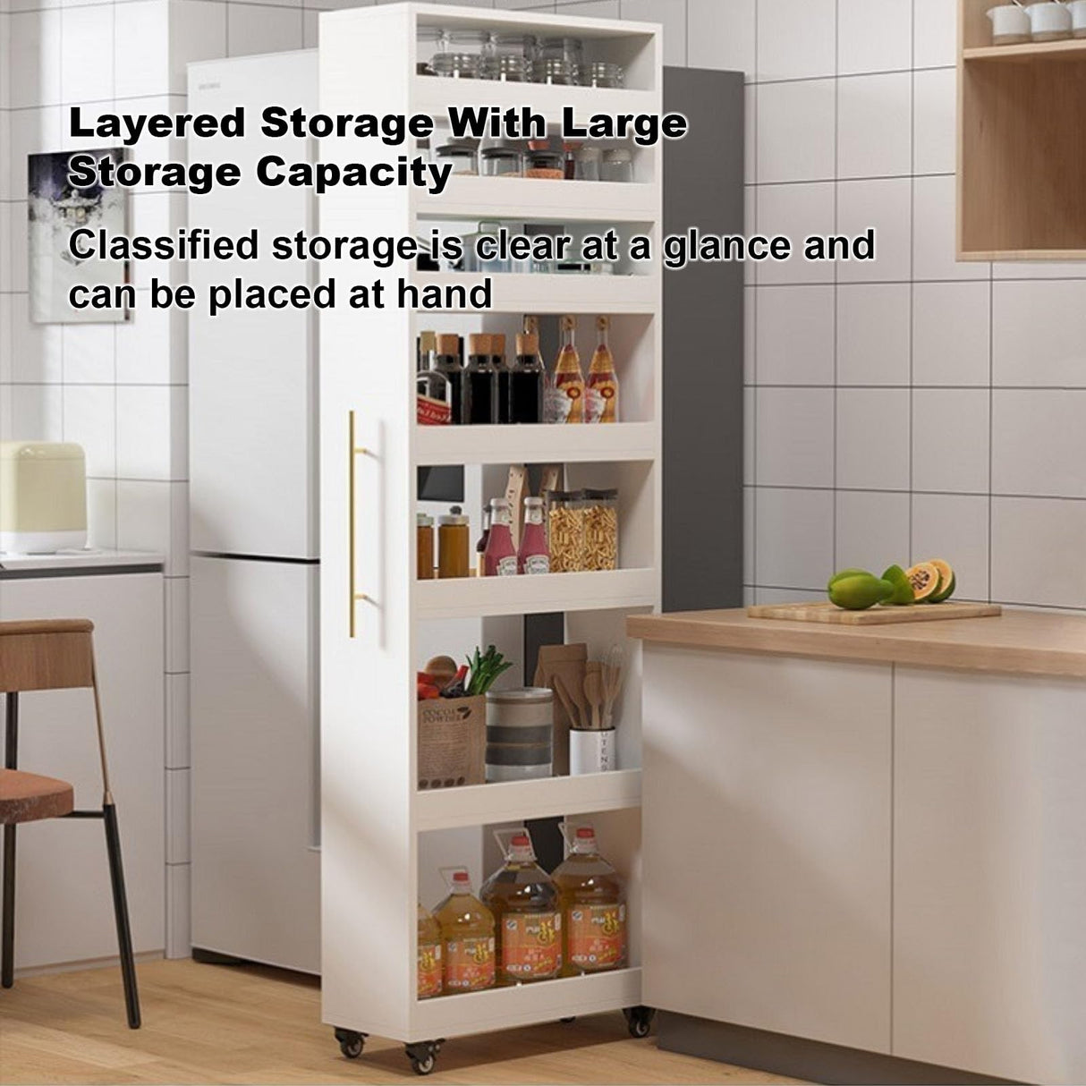 WEIDPHL Light walnut,Large, Slim Storage Cart, Kitchen Rolling Cart, Narrow Storage Cabinet with Handle & Wheels, Wood Spice Rack Next to Fridge, Pantry Shelf for Kitchen, Small Spaces WEIDPHL