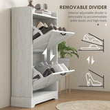 HOMCOM Slim Shoe Cabinet for Entryway, Farmhouse Hidden Shoe Storage Cabinet with 2 Flip Drawers and Adjustable Shelves for 8 Pairs of Shoes, Distressed White HOMCOM