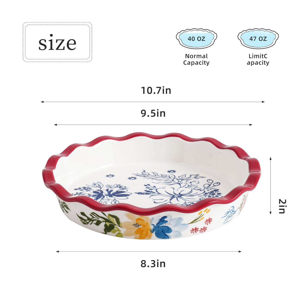 Sagoskat Pie Pan Ceramic Pie Plate, 9 inch Deep Dish Pie Pans, Nonstick Pie Pans for Baking, Red Floral Pie Dish For Kitchen Sagoskat
