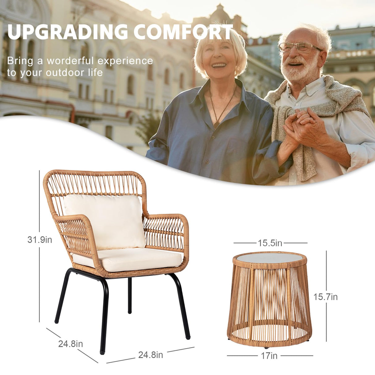 HOMEZILLIONS 3 Piece Outdoor Wicker Furniture Bistro Set, Rattan Chairs Conversation Sets Wicker Patio Furniture for Balcony Poolside Backyard, Yellow/Beige HOMEZILLIONS