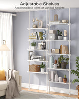 ALLZONE 5 Tiers Narrow Bookshelf, Tall Adjustable Ladder Book Shelf with Open Storage, Floor to Ceiling Tension Mount, Wooden Industrial Bookcase for Living Room, 92 to 116 Inch, White ALLZONE