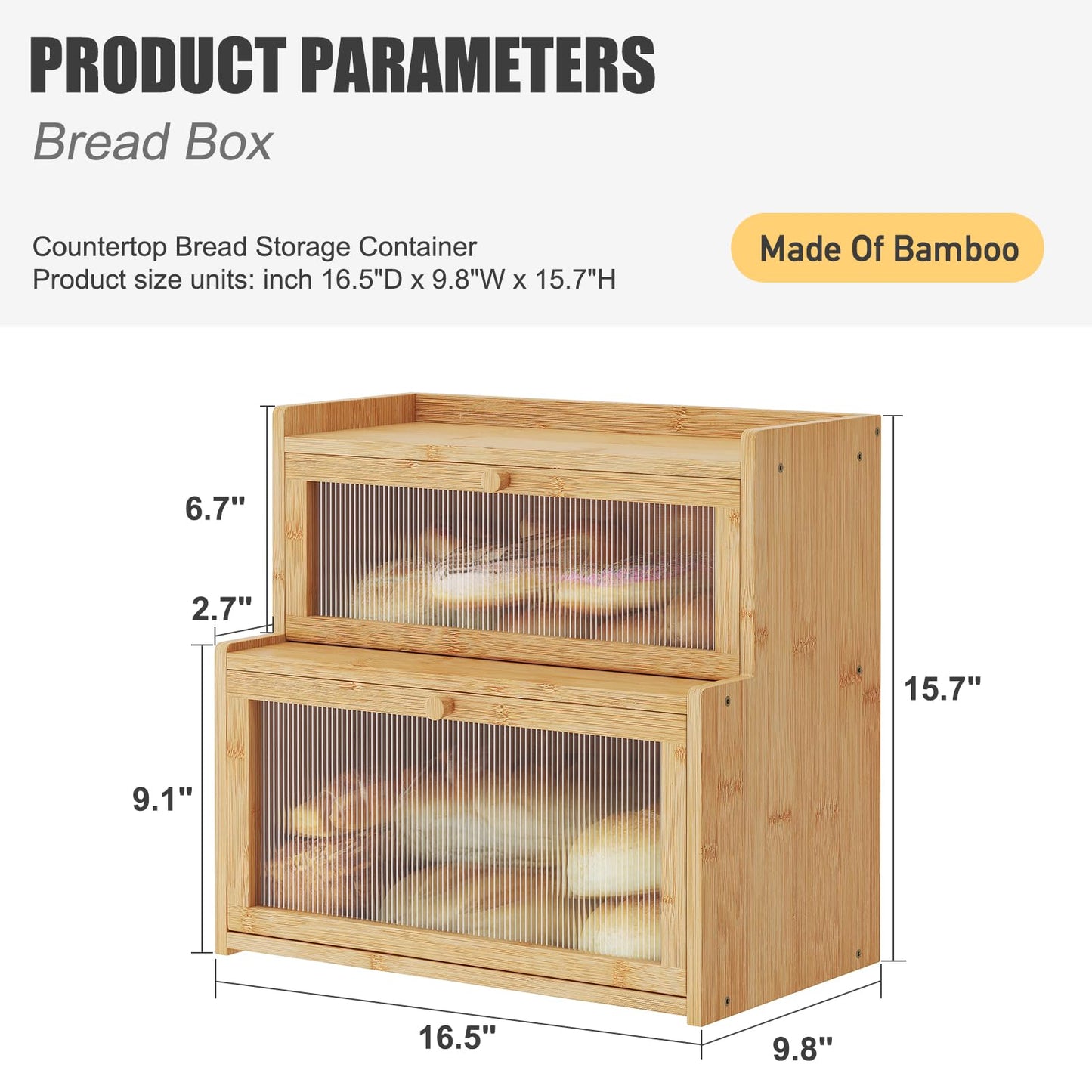 Furshus Double Layer Bamboo Bread Box for Kitchen Counter, Countertop Bread Storage Container, Bread Container Bread Storage with Window Bread Holder (Natural) - WoodArtSupply