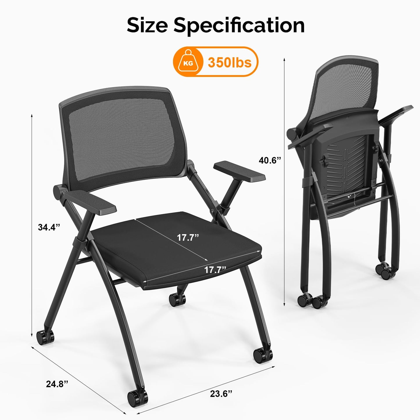 VINGLI 10 Pack Stackable Conference Room Chairs with Wheels, Folding Office Chair with Rebound Back, Padded Seat for Training Room, Guest, Reception, Event, Capacity 350lbs, Black