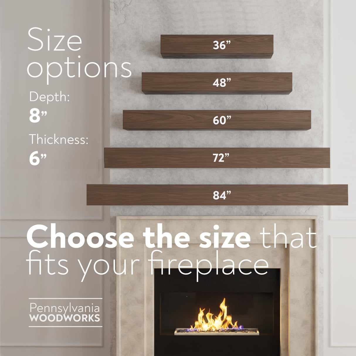 Pennsylvania Woodworks Fireplace Mantel, Handmade in The USA, Oak Wood Wall-Hanging Mantel Shelf, Farmhouse Wall Shelf Design, Easy to Mount and Heavy Duty, 48 in, Medium, Heritage Walnut Pennsylvania Woodworks