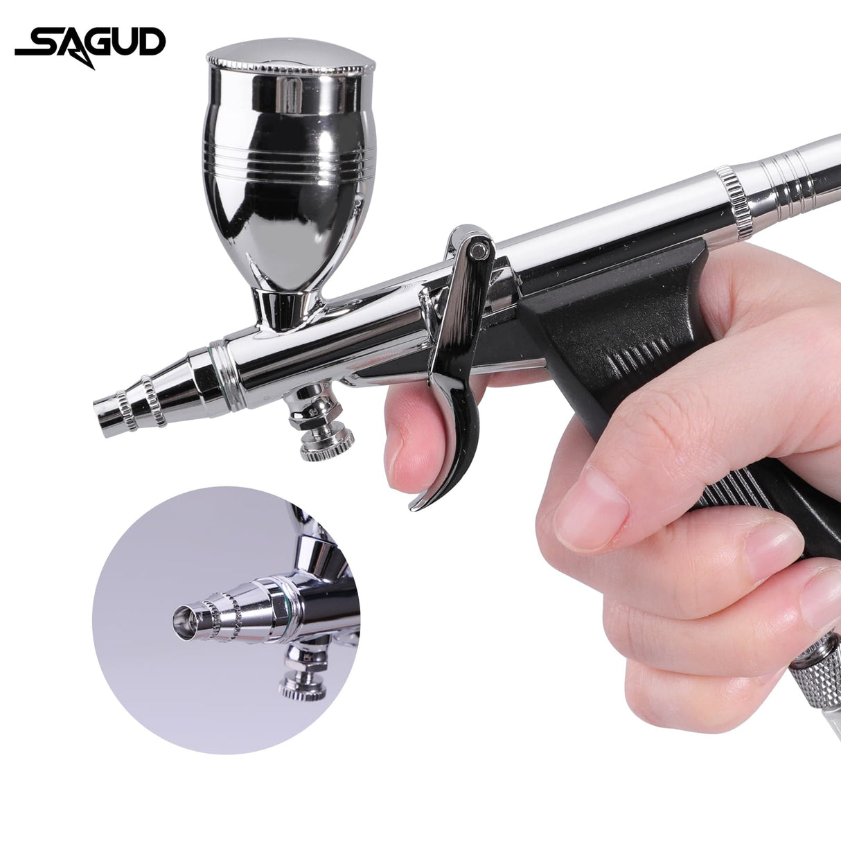 SAGUD Airbrush Gun Set Single Action Air Brush Pen 0.3mm with Extra 0.5 0.8 mm Needles,Airbrush Hose and 2CC/5CC/13CC Cup Kit SAGUD