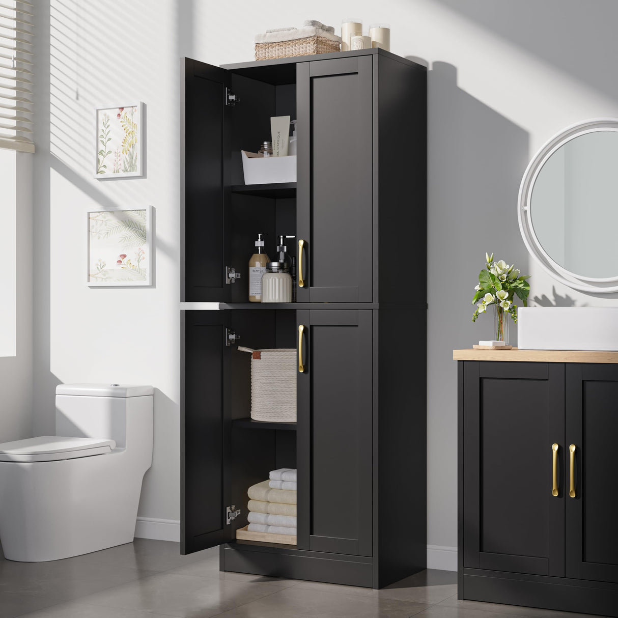 Homzbesy Pantry - Kitchen Pantry Cabinet with 4 Doors and Adjustable Shelves, Tall Black Cabinet Freestanding Storage Cupboard for Dining Room Living Room, Laundry, Bathroom Homzbesy