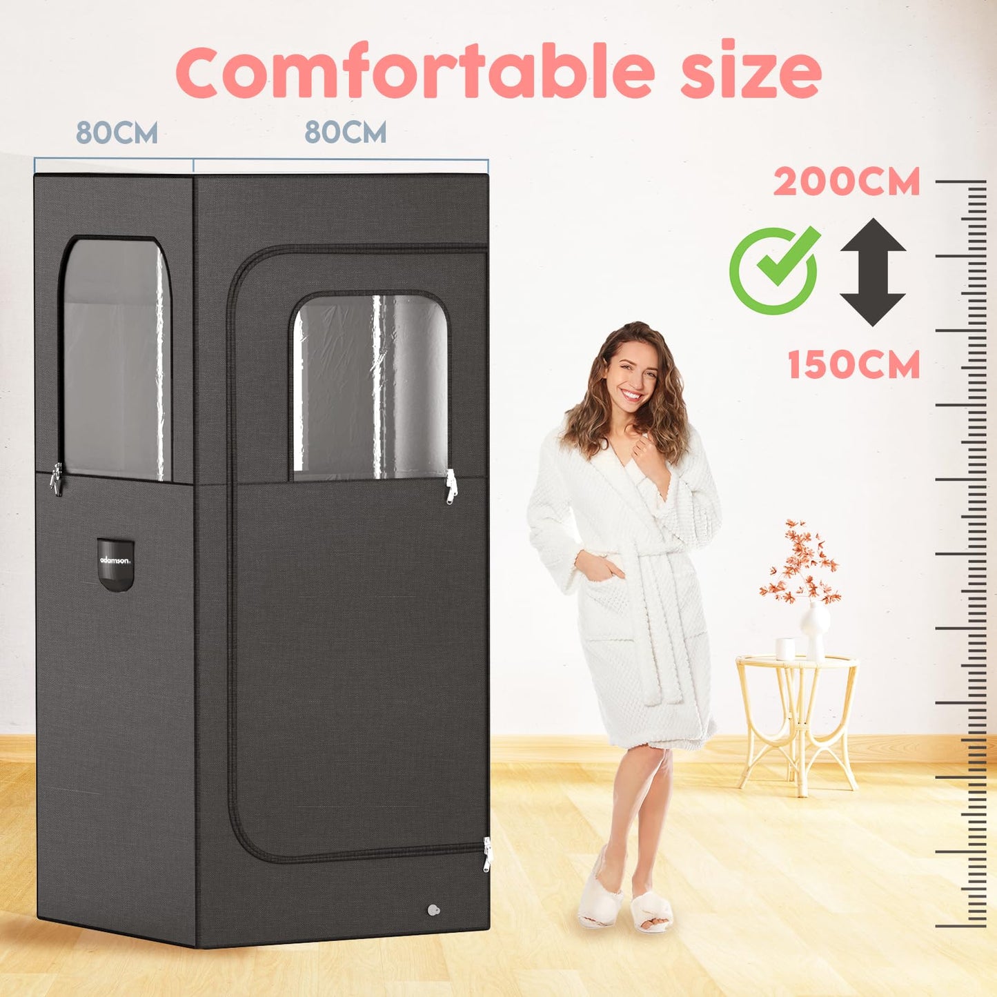 Adamson Full Size Portable Steam Sauna - Indoor Sauna Tent for Home Spa Relaxation + Boost Health and Recovery + 2.6L 1000W Steamer + Chair + Remote + Foot Massager - New - Nylon Black