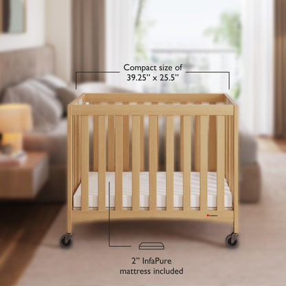 Foundations Travel Sleeper Compact Wooden Folding Crib, Portable Baby Crib with 2” InfaPure Foam Crib Mattress and Commercial Grade Casters, Hotel Crib (Natural) - WoodArtSupply