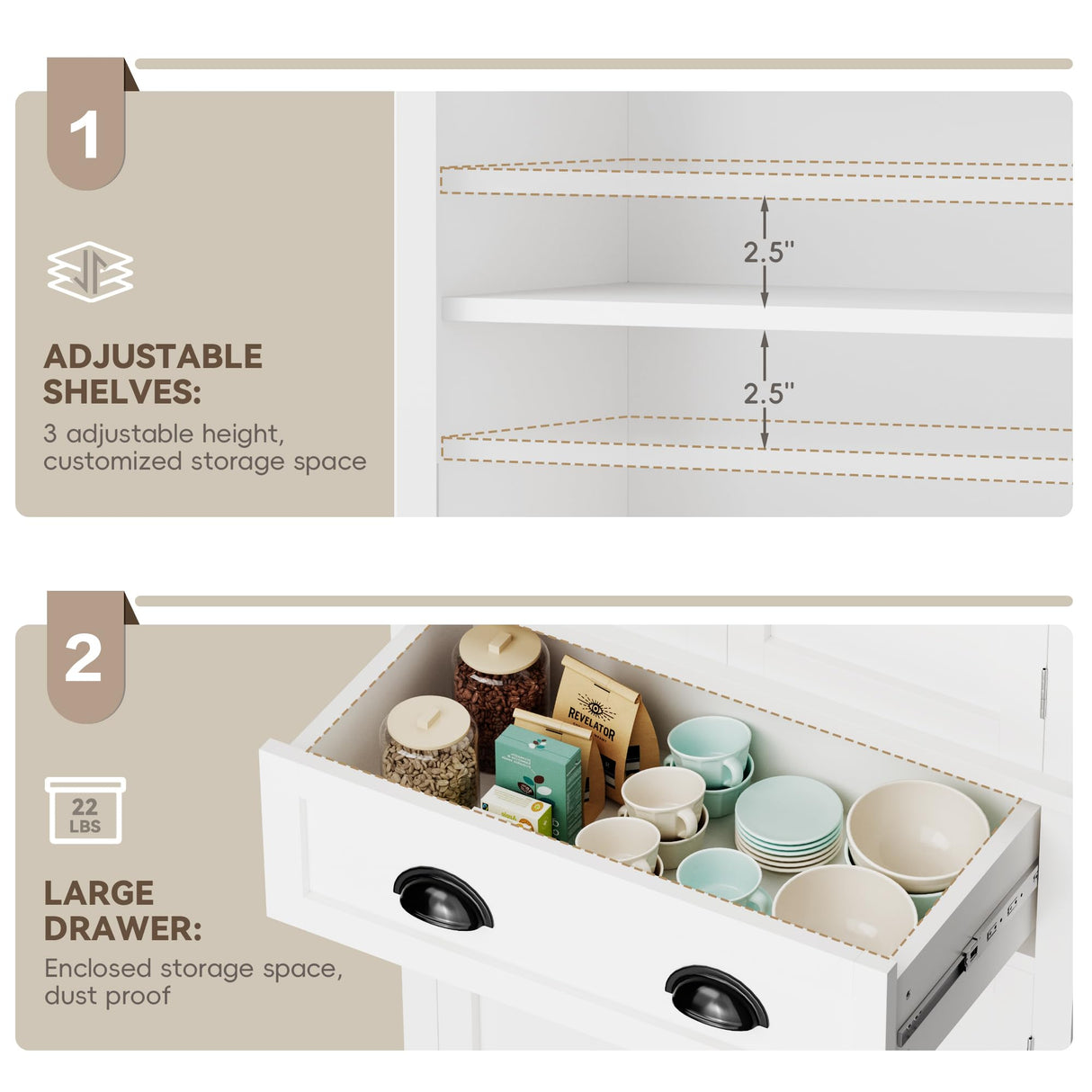 Homall 72" Pantry Storage Cabinet, Kitchen Freestanding Cupboard with Adjustable Shelves & Large Drawer, Tall Buffet Sideboard for Kitchen, Dining Room (White) Homall