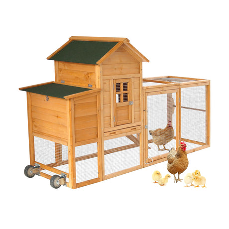 Ecolinear 80” Mobile Chicken Coop for 1-2 Chickens with Wheels,Outdoor Wooden Hen House with Nesting Box,Large Rabbit Hutch, Outside Poultry House,Wire Fence Run Cages,Weatherproof for Backyard,Wood ECOLINEAR