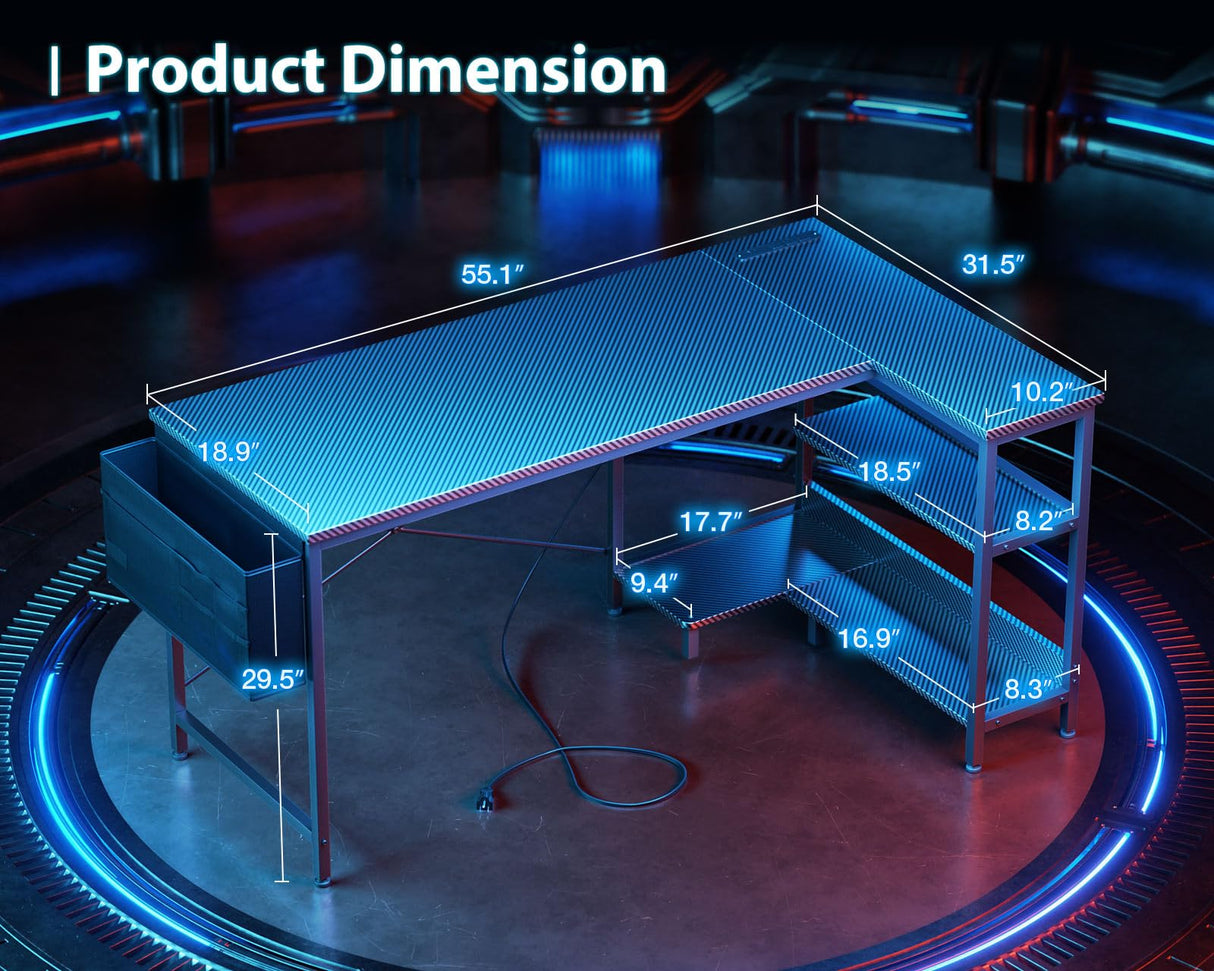 ODK 55 Inch L Shaped Gaming Computer Desk with Power Outlets, Corner Desk with Reversible Storage Shelves & PC Stand for Small Space, Modern Simple Home Office Table, Carbon Fiber Surface, Black ODK