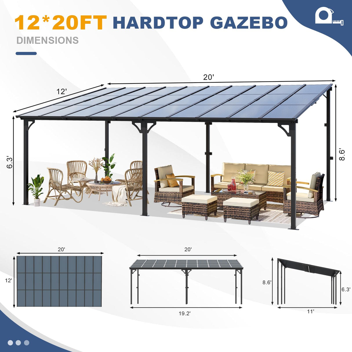 MEISSALIVVE 12' x 20' Wall Mounted Gazebo, Outdoor Pergola Gazebo, Lean to Metal Awnings Gazebos, Gazebo Pergola with Sloped Roof, Outdoor Patio Gazebo Awning, Black MEISSALIVVE