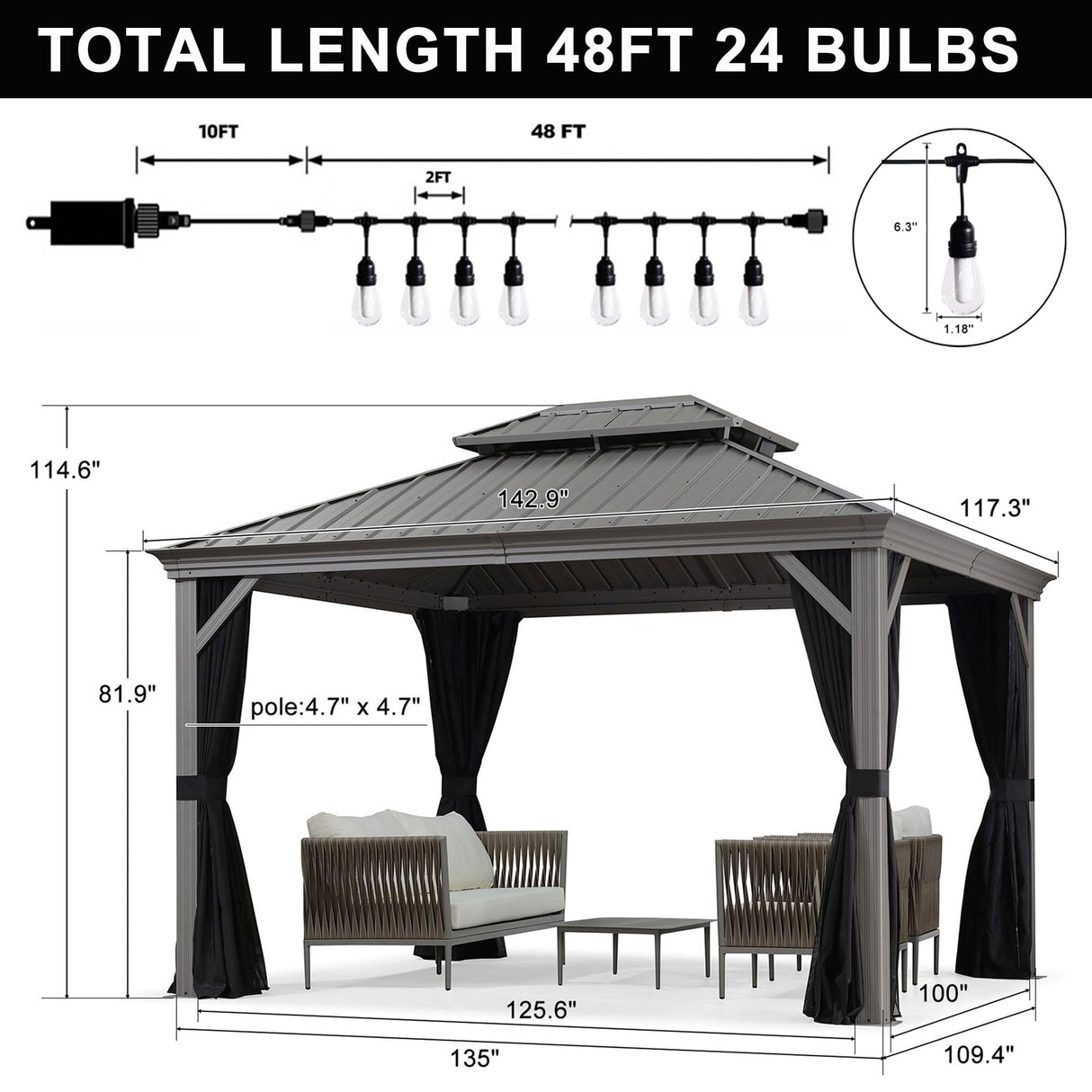 PURPLE LEAF 10' x 12' Hardtop Aluminum Gazebo with Double Metal Roof and String Lights Heavy Duty Permanent Gazebo for Patio Deck Lawn Garden All Weather Outdoor Pavilion Gazebo, Light Grey PURPLE LEAF