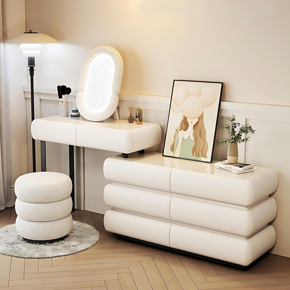 Pesnllov Vanity Set - Makeup Vanity Desk with Drawer & LED Makeup Mirror, Elegant Solid Wood Bedroom Vanity Table, Including Chair. (A-White, 47") Pesnllov