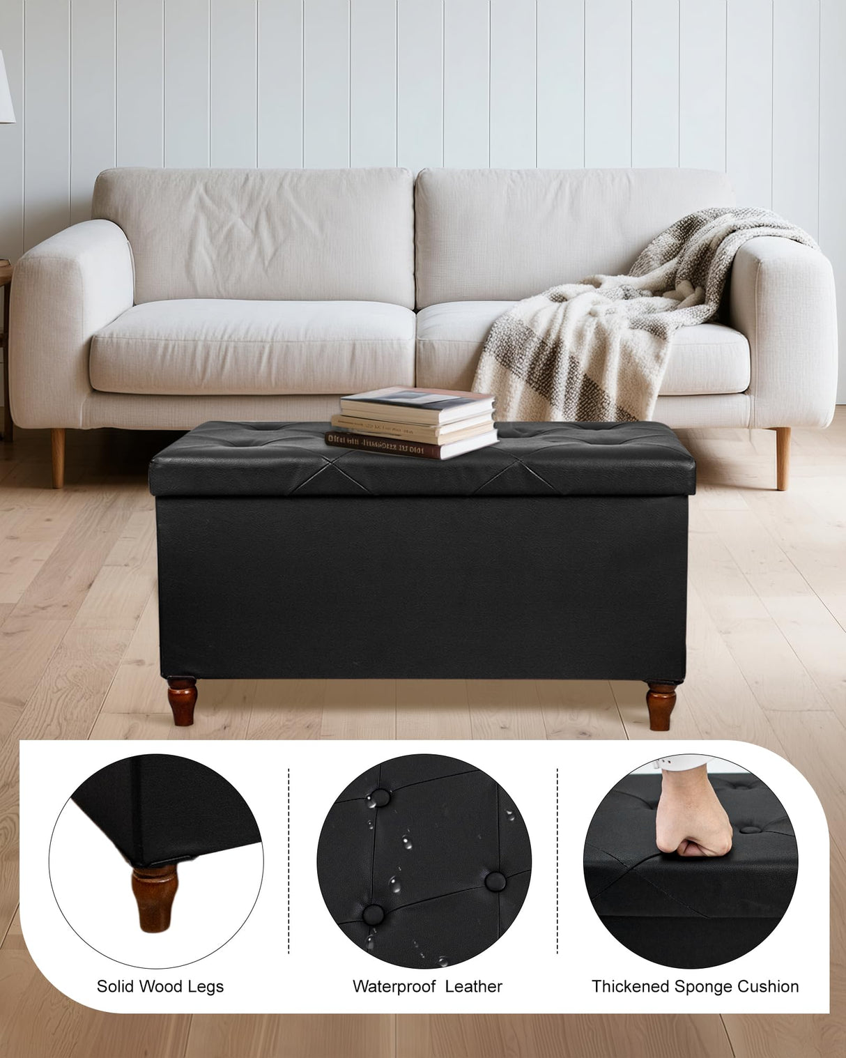 GLAXYFUR 30 Inches Storage Ottoman Bench with Wooden Legs, Faux Leather Folding Ottoman Foot Rest, Storage Bench for Living Room, Hallway & Bedroom, Upgrade Large Capacity (Engineered Wood, Black) GLAXYFUR