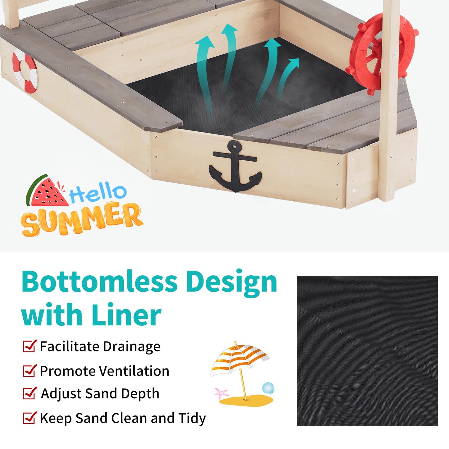 Pirate Ship Kids Sandbox with Cover, Wooden Sandbox with Storage Bench, Seat, Sink, Outdoor Sand Box for Backyard Garden, Kids Sand Boxes for Aged 3-8 Years Old, Children Playset Sandpit (Lig - WoodArtSupply