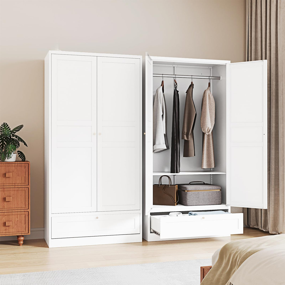 ZAOUS Metal Armoire Wardrobe Closet,72" Tall Wardrobe Cabinet with Drawer,2 Doors Armoire Storage Closet with Adjustable Shelves and Hanging Rod for Bedroom,White ZAOUS