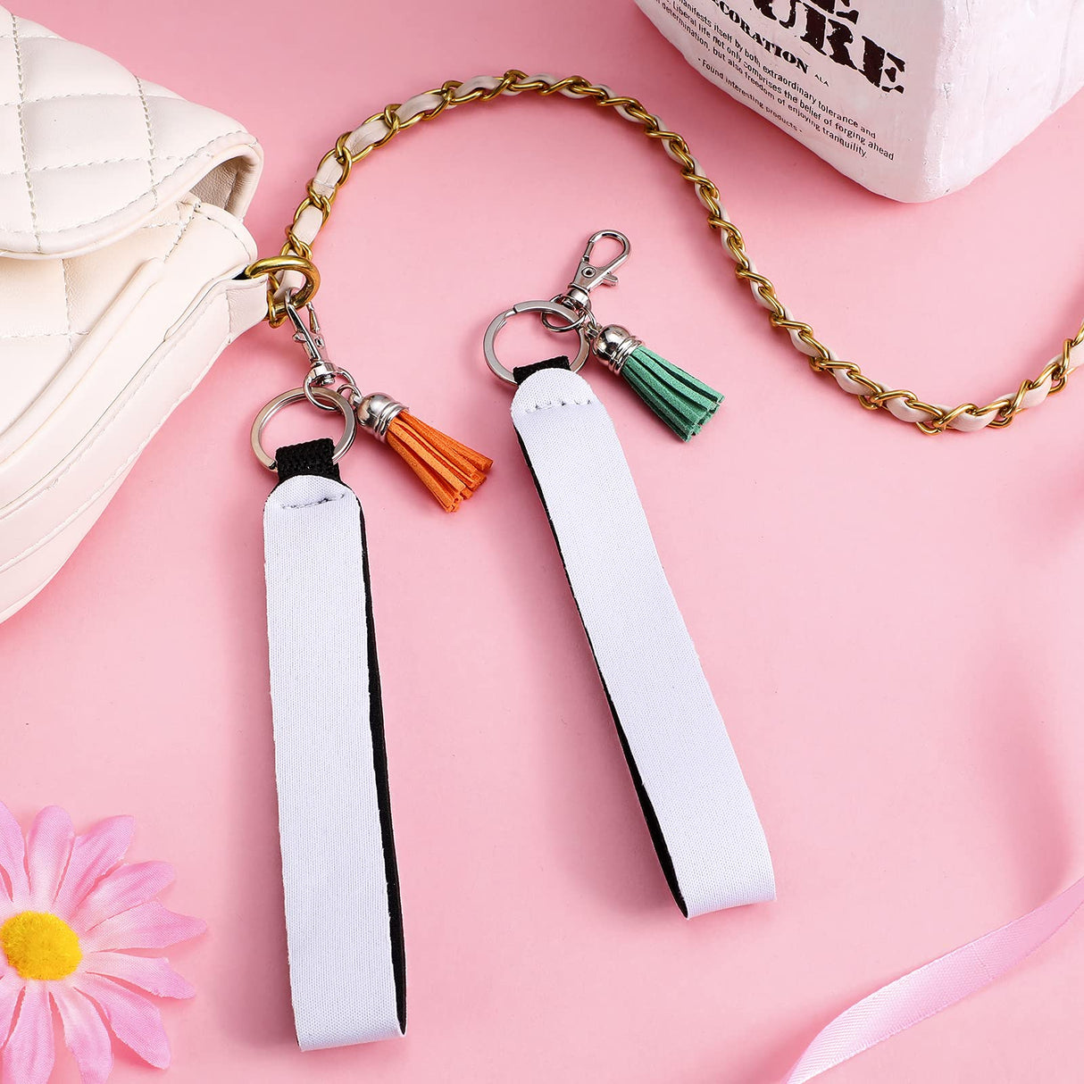 Hicarer 60 Pcs/15 Set Sublimation Blanks Wristlet Keychain Set, Sublimation Lanyard Blank Sublimation Keychain Tassels Neoprene Wristlet Swivel Snap Hooks and Jump Rings for DIY Keychains Hicarer