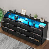 Gyfimoie 9 Drawers Dresser with Power Outlet, Black Dresser for Bedroom, Chest of Drawers with LED Light, Modern Dresser with Open Storage Cubby, Triple Wide Dresser Organizer for Living Room Gyfimoie