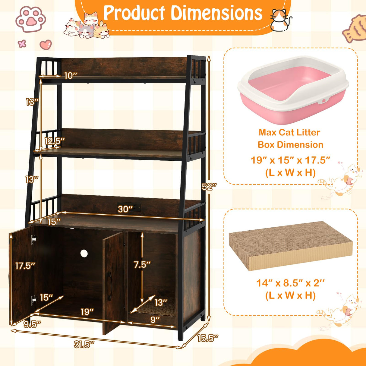 Tangkula Litter Box Enclosure with Shelves, Hidden Cat Washroom Cabinet with Charging Station, Winding Entry & Scratching Board, Versatile Litter Box Furniture (Rustic Brown) Tangkula