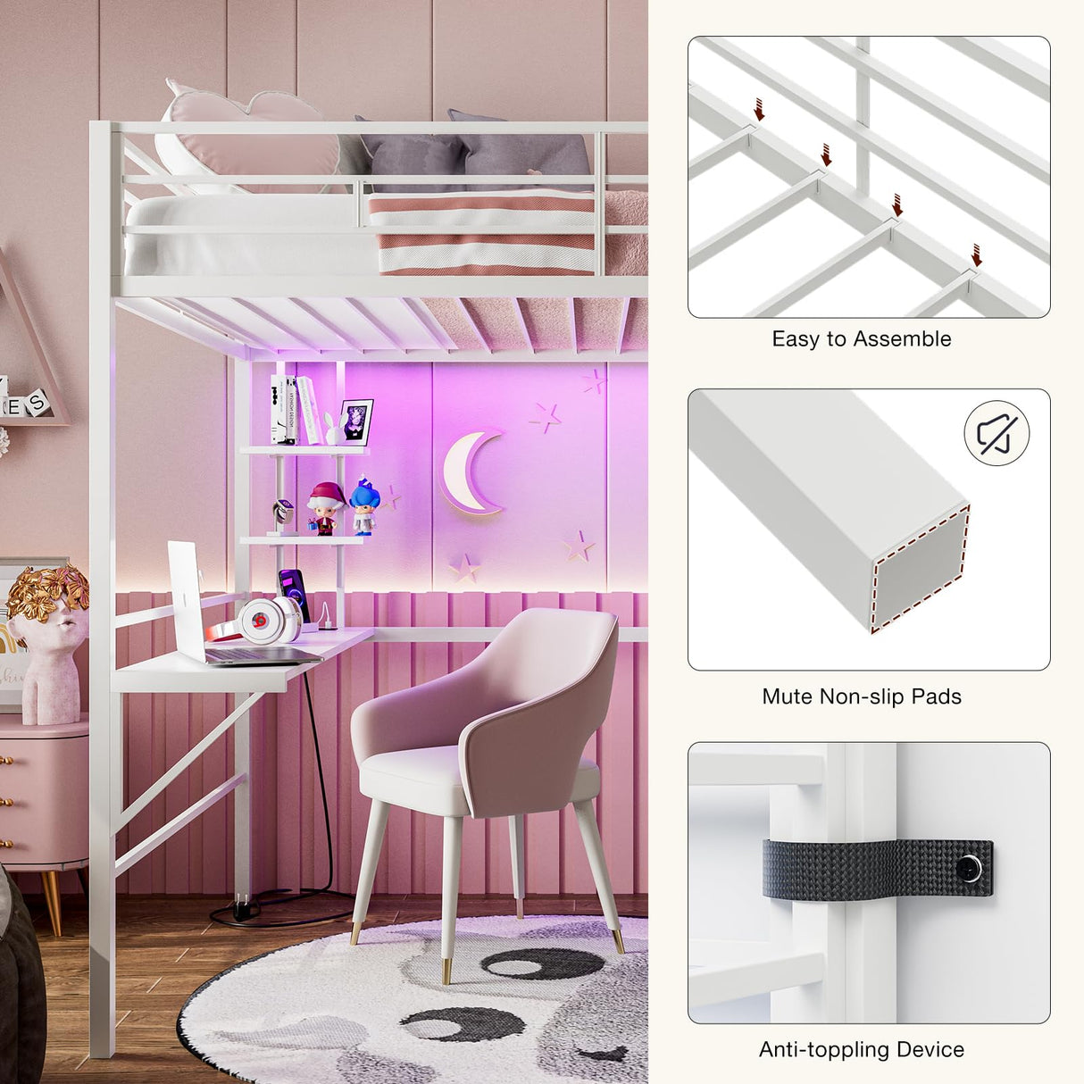 IKIFLY Metal Twin Loft Bed with Desk and Storage Shelves, LED Lights & Charging Station, Loft Bed Frame with 13.4” Guardrail and Ladder, Large Fabric Basket, Clothes Rail, No Box Spring Needed, White IKIFLY