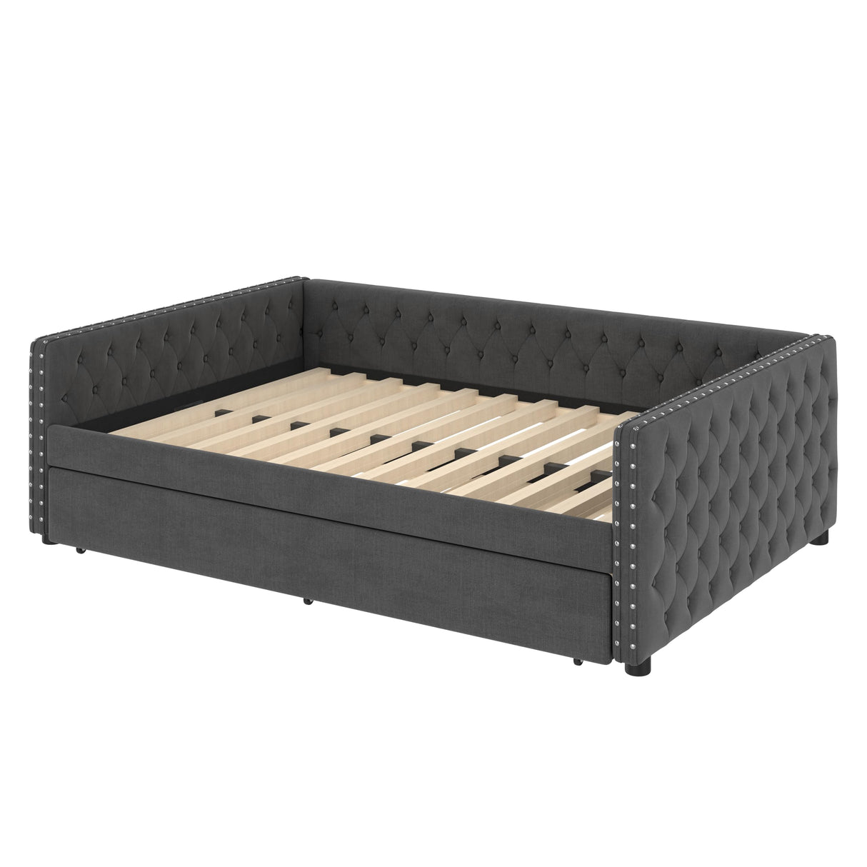 KEIKI Full Size Upholstered Daybed, Tufted Sofa Bed Frame with Trundle, Corner Day Beds Full for Living Room, Bedroom and Guest Room, No Box Spring Needed, Button & Copper Nail on Square Arms, Gray KEIKI