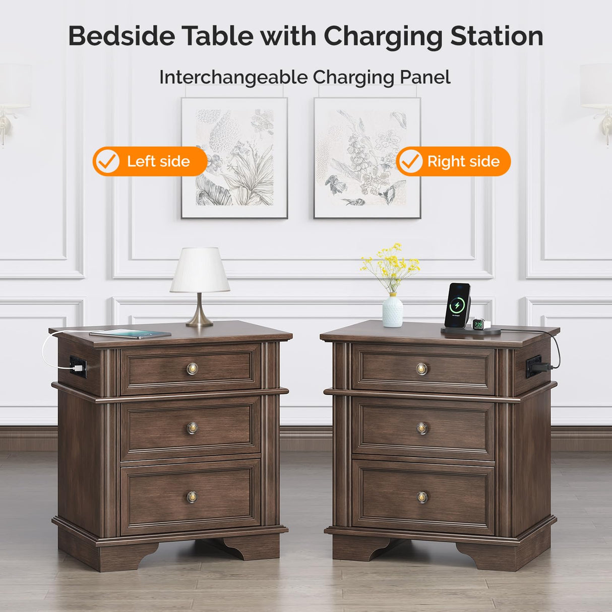 VINGLI Brown Nightstand Set of 2, Night Stand with Charger Station, Wood Nightstand with Textured Drawers, Large Nightstand, 3 Drawer Nightstand, Bedroom Nightstand, Bedside Table, Side Table VINGLI