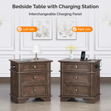 VINGLI Brown Nightstand Set of 2, Night Stand with Charger Station, Wood Nightstand with Textured Drawers, Large Nightstand, 3 Drawer Nightstand, Bedroom Nightstand, Bedside Table, Side Table VINGLI