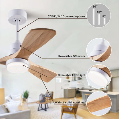 36" Ceiling Fan [with Lighted Remote], Indoor Outdoor Modern Wooden Ceiling Fan [with 3 Solid Wooden Blades] for Children's Room, Bedroom, Office (White)