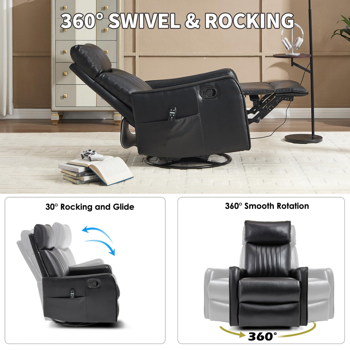 Trustyue Swivel Rocker Recliner Chair, 360° Swivel Recliner with Heat and Massage, Rocker Recliner Nursery Glider Chair with Side Pockets for Living Room (Black, Faux Leather) Trustyue
