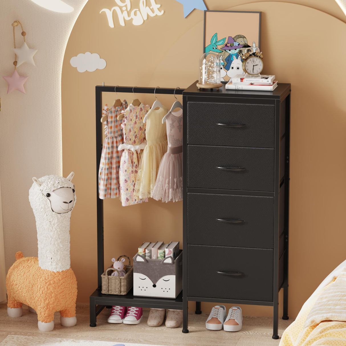 HIGDBFE Dresser with Hanging Rack, 4 Drawers Small Closet for Bedroom, Reversible Fabric Kids Chest of Drawers with Clothes Rack, Tall Storage Tower, Sturdy Frame, Black, 44''H HIGDBFE