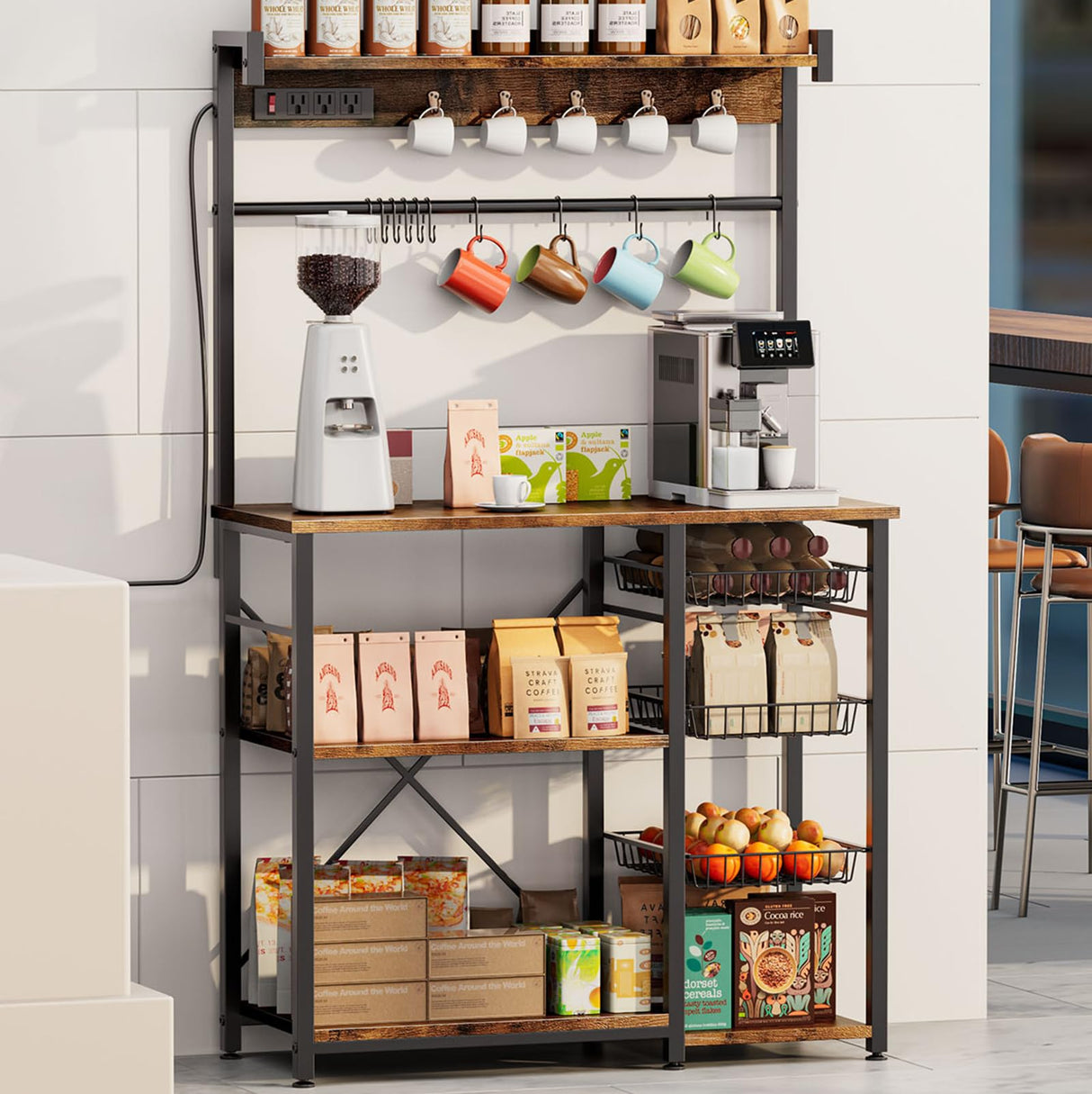 Kalrin Rustic Brown Large Bakers Rack with Power Outlets, Hooks, and Wire Baskets for Organised Kitchen Storage Kalrin