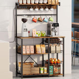 Kalrin Rustic Brown Large Bakers Rack with Power Outlets, Hooks, and Wire Baskets for Organised Kitchen Storage Kalrin