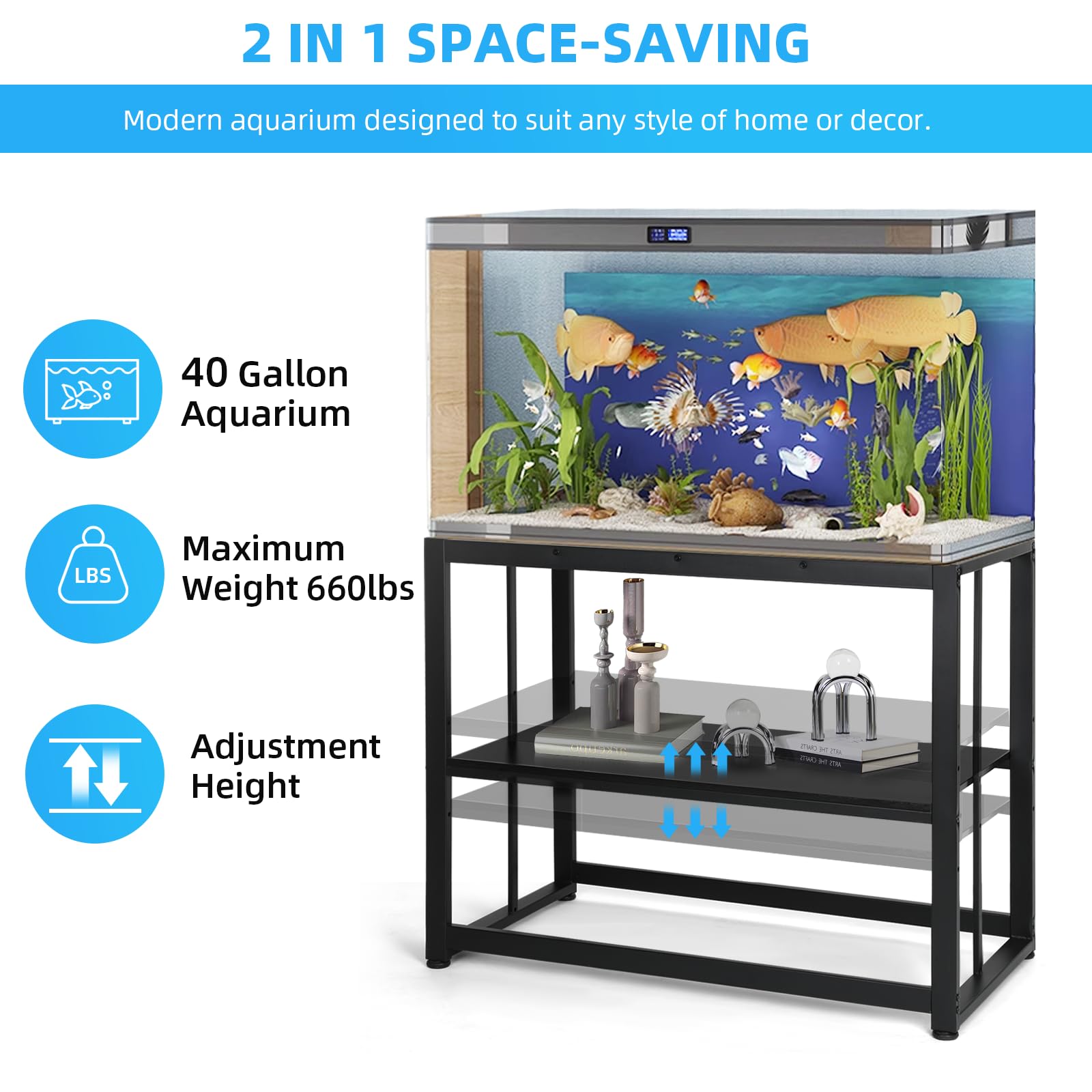 VOWNER 40-50 Gallon Fish Tank Stand - Metal Aquarium Stand, 36.6" x 18.5" x 29.5" Adjustable Heavy Duty Reptile Tank Stand, Adjustable 2-Tier Fish Tank Rack Shelf for Home Office, Tank not In - WoodArtSupply