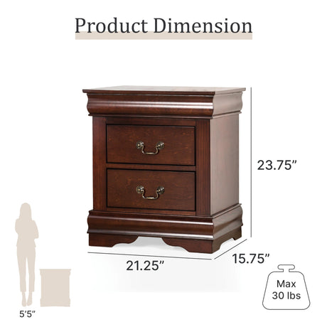 Furniture of America Arabella Traditional Solid Wood Nightstand with Drawers and Antique Nickle Handles, Small Bedside Table, No Assembly Wooden Night Stand for Bedroom, Guest Room, Dorm, Cherry Furniture of America