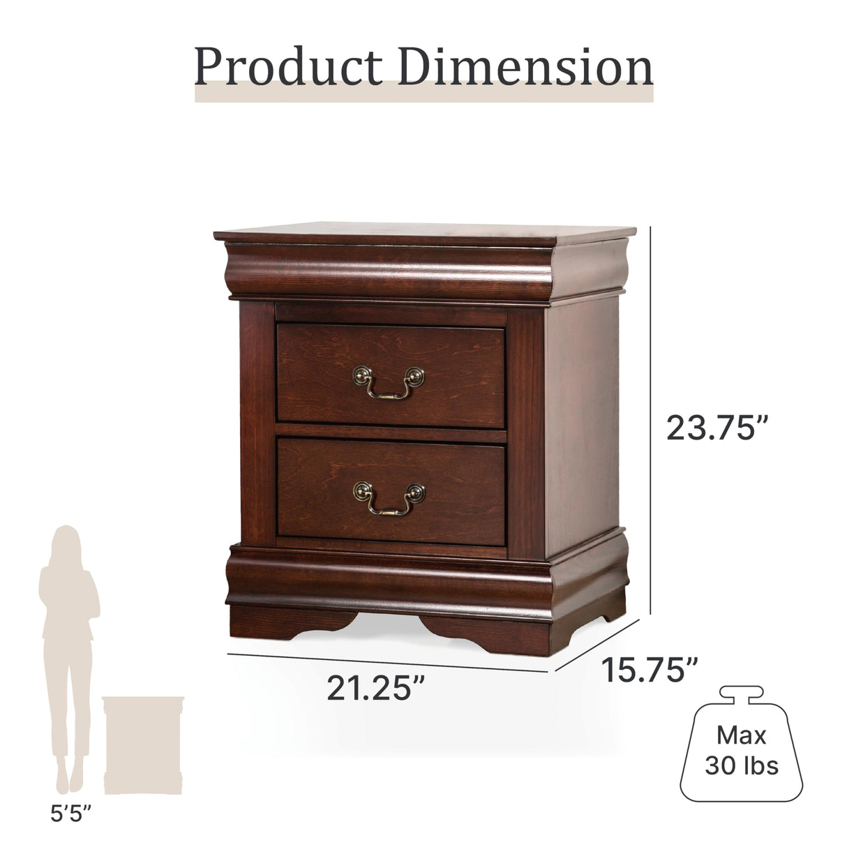 Furniture of America Arabella Traditional Solid Wood Nightstands Set of 2, Bedside Table with Drawers and Antique Nickle Handles, No Assembly Wooden Night Stands for Bedrooms, Guest Room, Dorm, Cherry Furniture of America