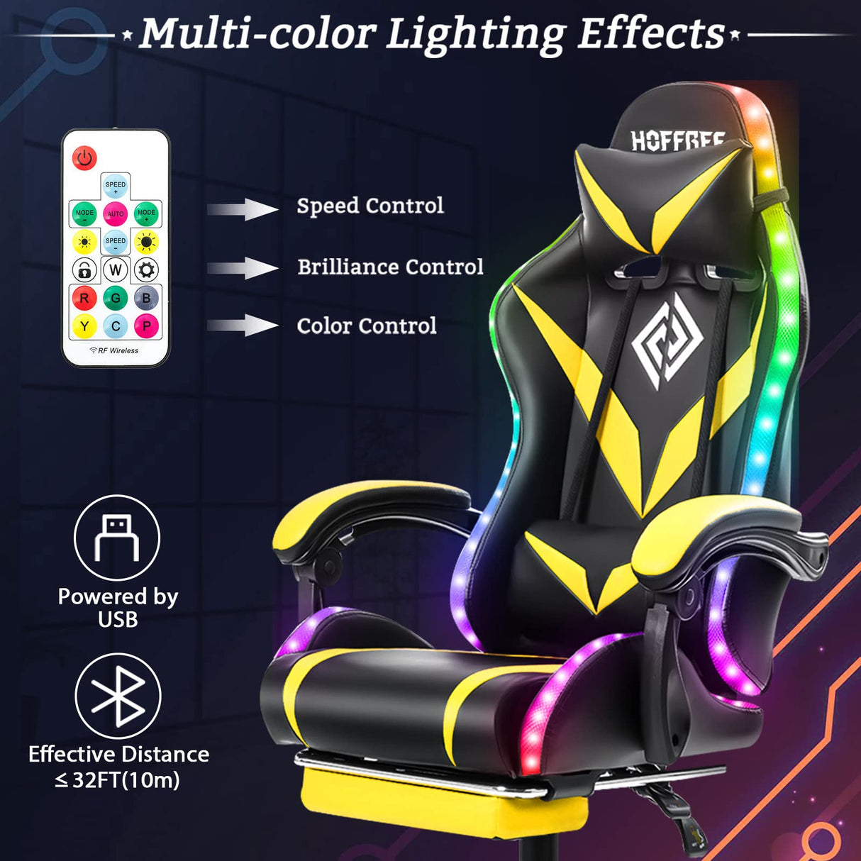 HOFFREE Gaming Chair Massage with Bluetooth Speakers and Led Lights Ergonomic Computer Gaming Chair with Footrest RGB Video Game Chair with High Back Lumbar Support Yellow and Black HOFFREE