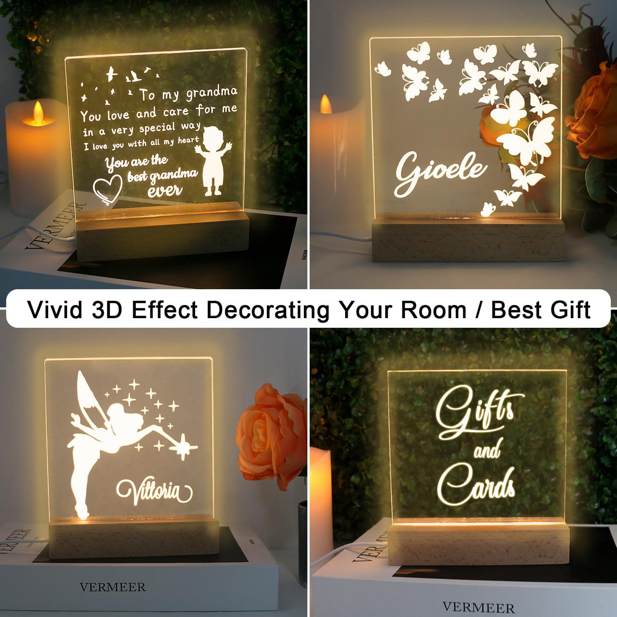 LACGO 4 PCS 6'' Wooden Light Base with Acrylic Display Boards - LED Wooden Bases with Warm White Lighted Rectangle Wood Acrylic Pedestal Stand for Home Room Bar Cafe Easter Decoration LACGO