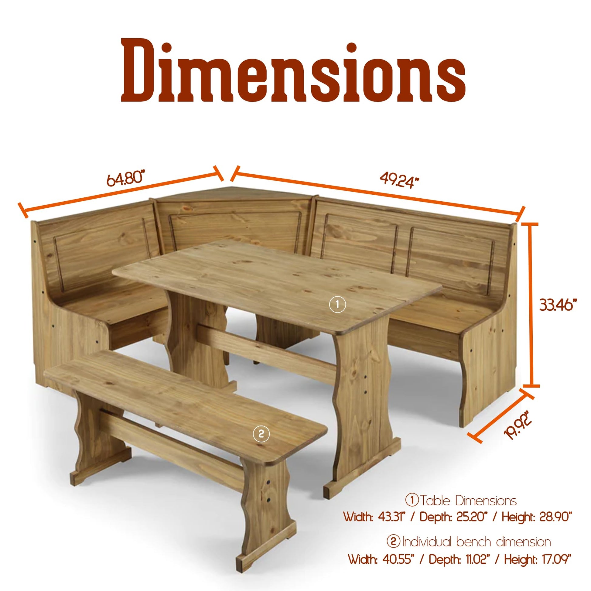 Furniture Dash Solid Wood Corner Dining Set 64.8" W x 19.9" D x 33.4" H- Farmhouse Table and Bench Set, Farmhouse Furniture for Dining Room - Corona Collection - WoodArtSupply