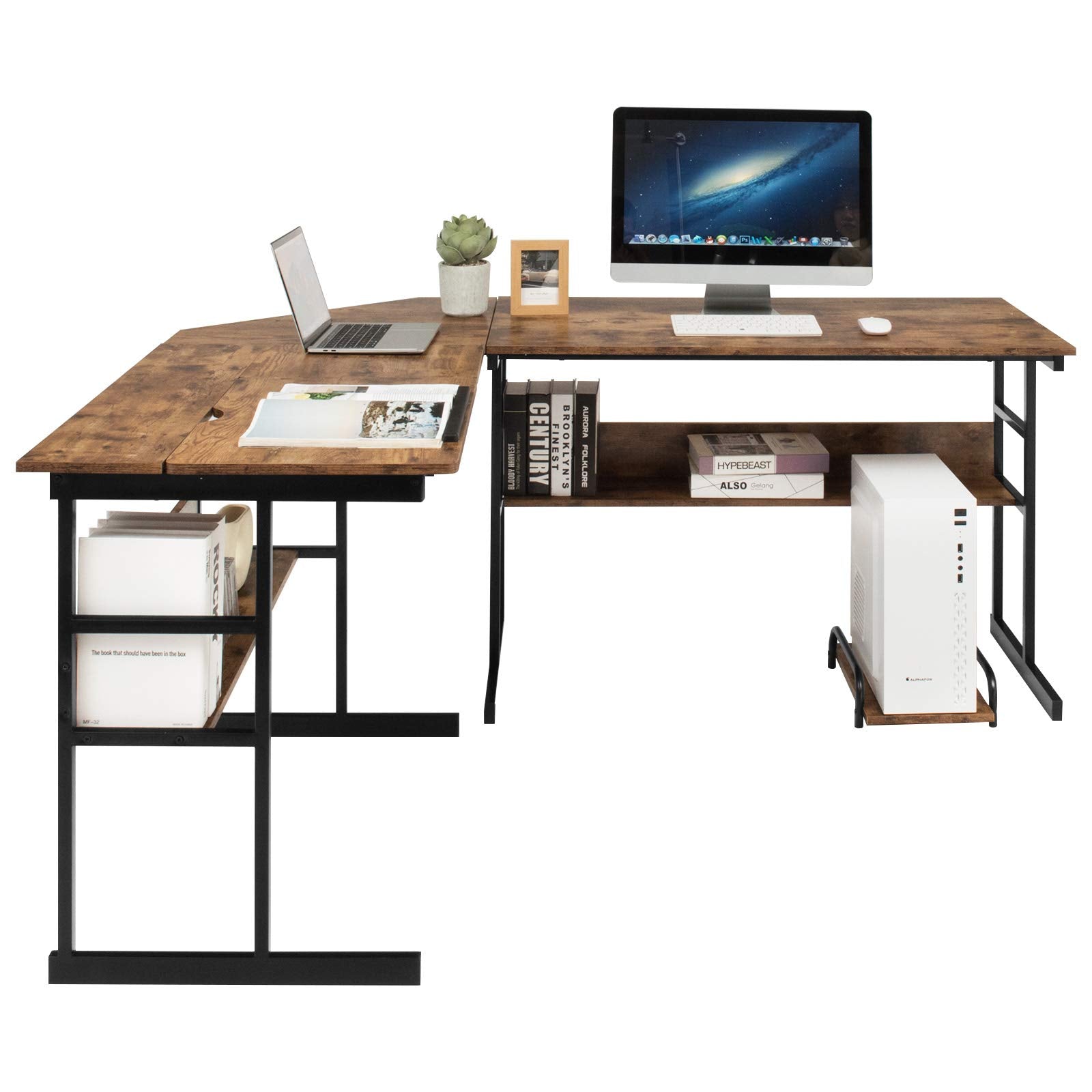 Tangkula 67 Inches L-Shaped Office Desk, Corner Computer Desk with Bottom Bookshelves & CPU Stand, Drafting Drawing Table with Tiltable Desktop, Corner Computer Workstation Home Office Desk - WoodArtSupply