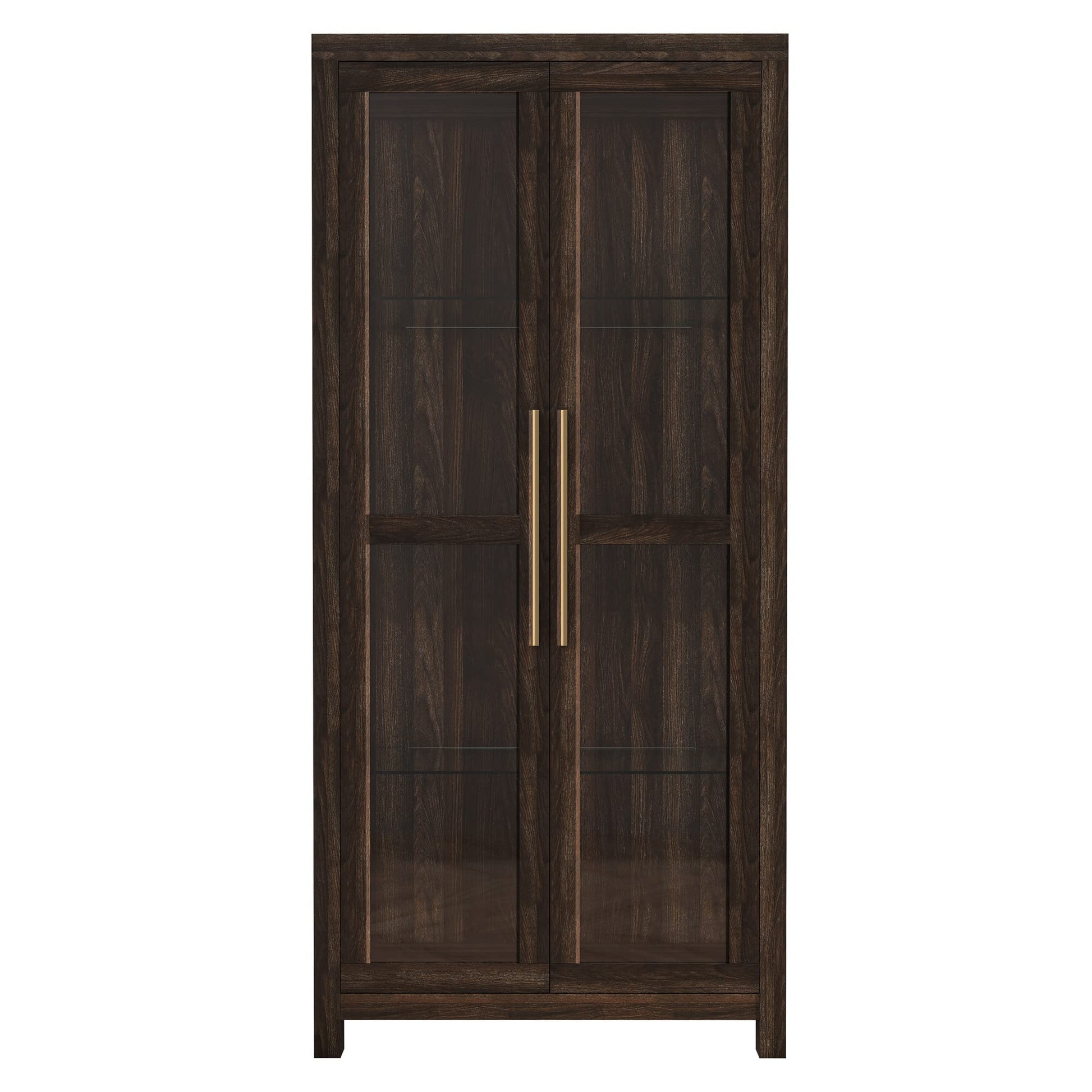 BELLEZE Storage Cabinet, Tall Bookshelf or Display Cabinet for Living Room Bedroom, Curio Cabinet with Tempered Glass Doors, Trophy Display Case, Storage/Organization - Avalon (Dark Walnut) - WoodArtSupply