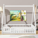 Full Size Teepee Tent Floor Bed with Guardrails & Door for Kids - White Wood Montessori Frame Bellemave