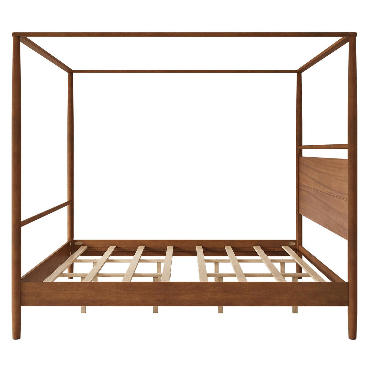 LUMISOL King Size Solid Wood Canopy Bed, Pine Wood Bed Frame Built in Headboard, Four Posters Bed with Complete Roller Track on The Top, No Box Spring Needed, Walnut LUMISOL