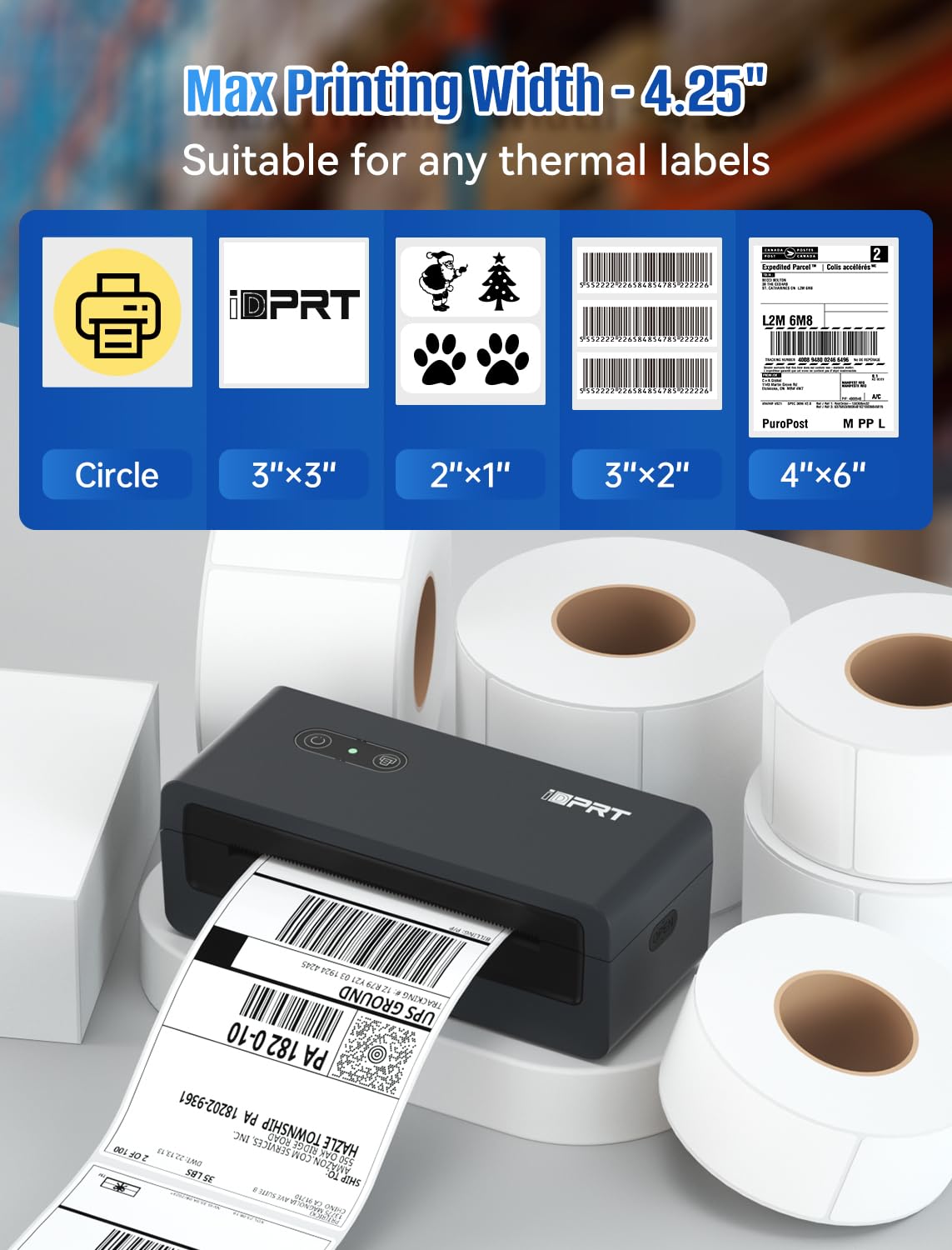 iDPRT Shipping Label Printer 4x6 Bluetooth Thermal Label Printer for Small Business and Shipping Package, Support Android, iPhone, Windows, macOS, Widely Used for Amazon, Shopify, Ebay (Renewed)